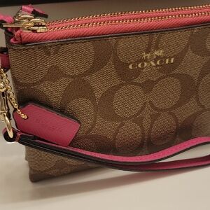 Coach Signature Brown and Pink Clutch in Khaki Dahlia